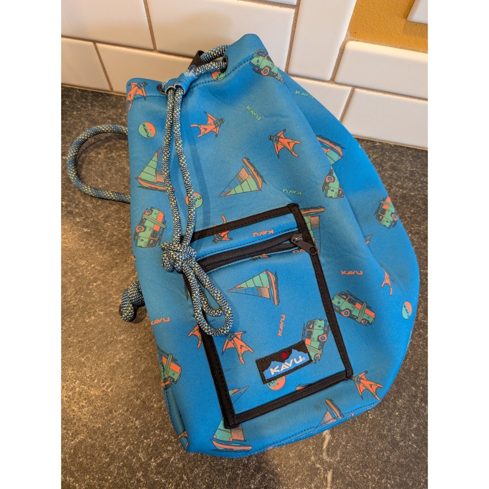 Kavu Blue Rope Drawstring Backpack Sailboat Camper Van Novelty Print Bag